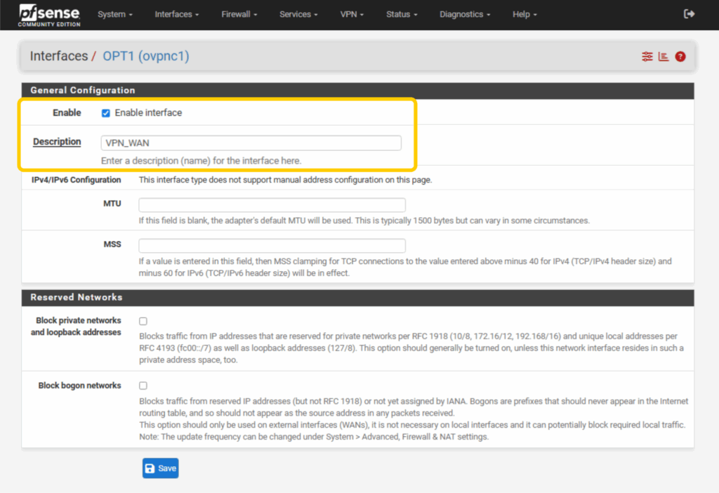 pfSense interface configuration page showing the OpenVPN client interface enabled and renamed to VPN_WAN.