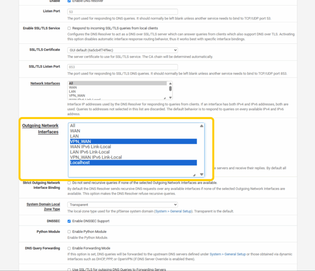 pfSense DNS Resolver settings showing VPN_WAN and Localhost selected as the outgoing network interfaces for DNS queries.