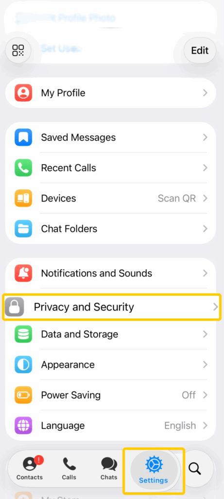 Screenshot of accessing Settings and Privacy and Security in the Telegram app.