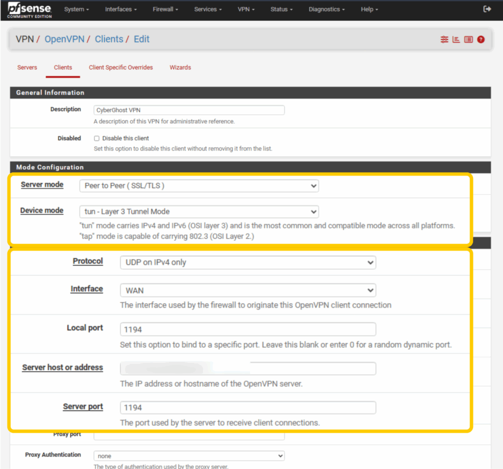 OpenVPN Client configuration page in pfSense showing the General Settings and Endpoint Configuration fields for creating a new VPN client.