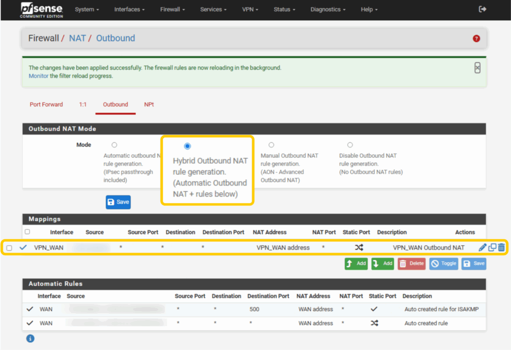 pfSense Outbound NAT settings showing Hybrid Outbound NAT mode and a custom VPN_WAN rule translating LAN subnet traffic through the VPN interface.