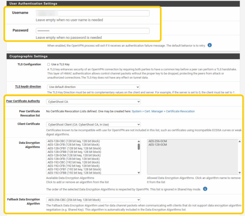 OpenVPN Client configuration page in pfSense showing the User Authentication and Cryptographic Settings sections with VPN credentials and encryption options.
