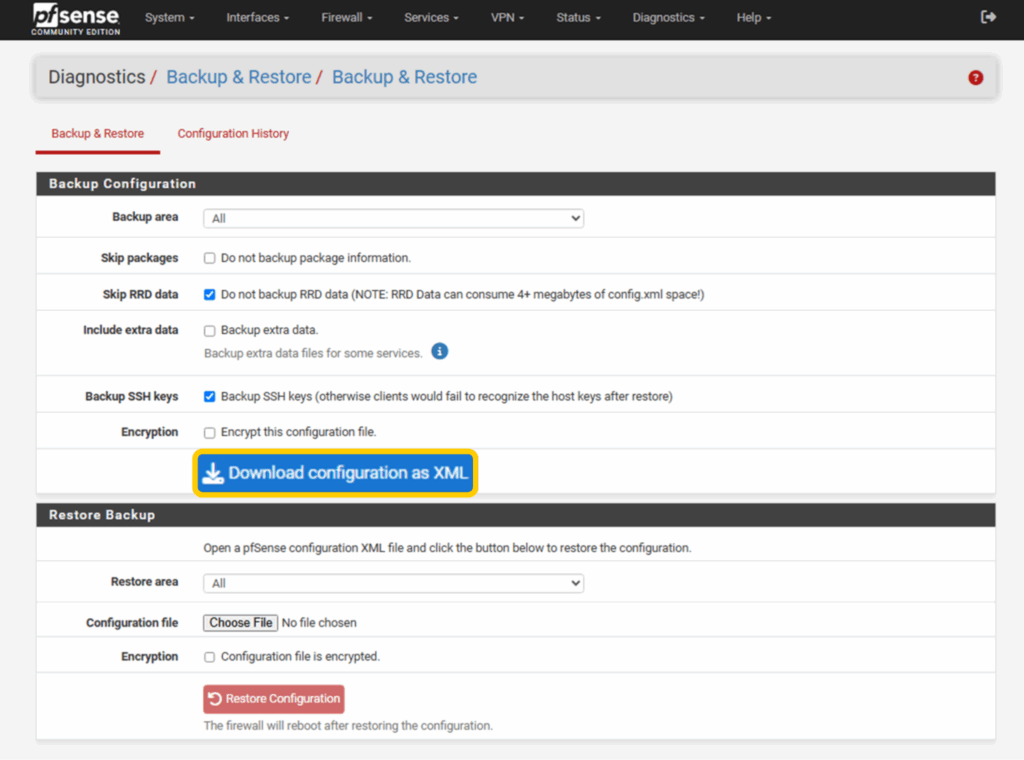 pfSense web interface showing the Backup Configuration page.