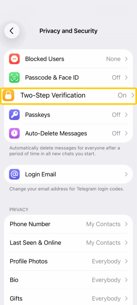 Screenshot of Two-Factor Authentication enabled in Privacy and Security Settings in the Telegram ap.