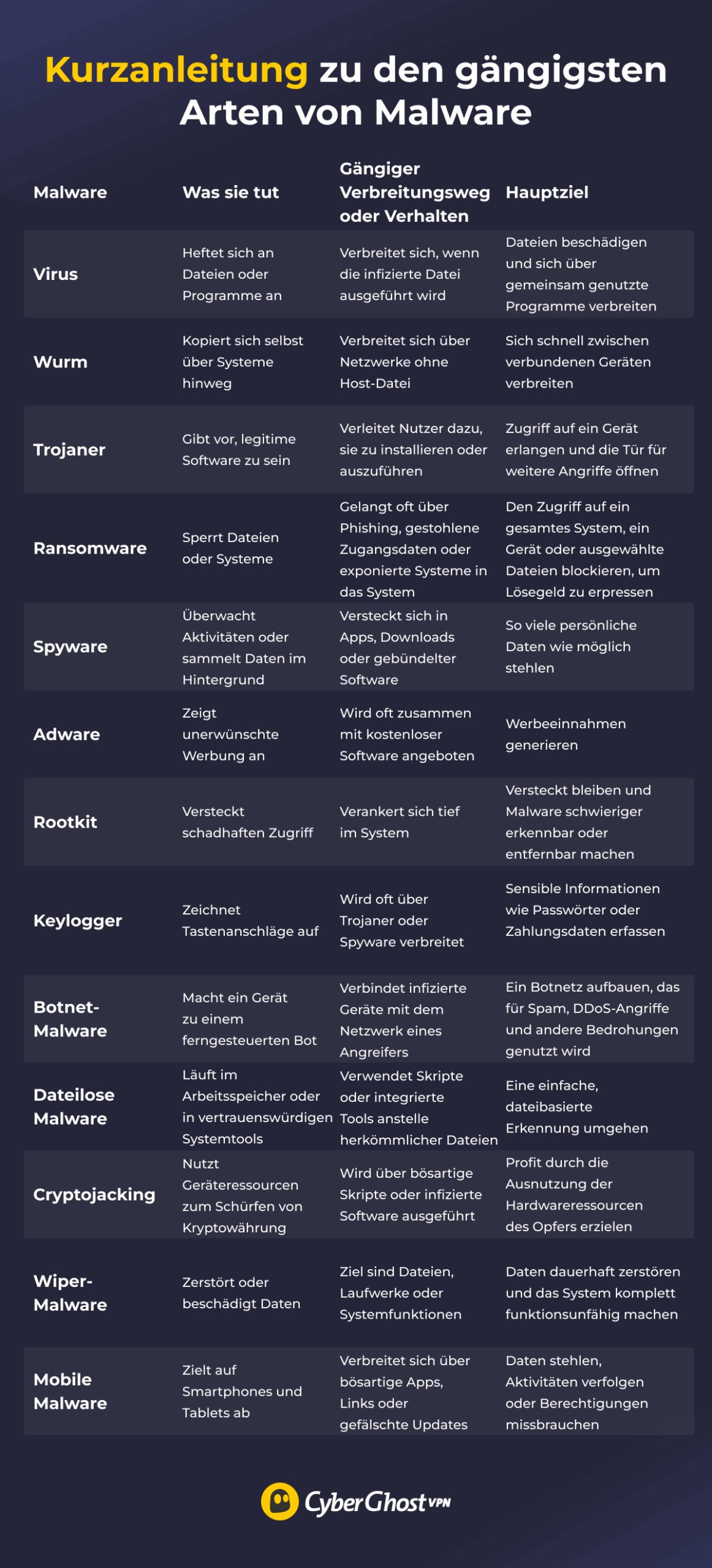 Vergleichstabelle der gängigsten Malware-Arten