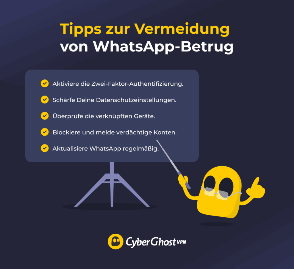 Eine Infografik mit den wichtigsten WhatsApp-Einstellungen und Sicherheitsmaßnahmen, mit denen sich Nutzer vor Betrug schützen können.