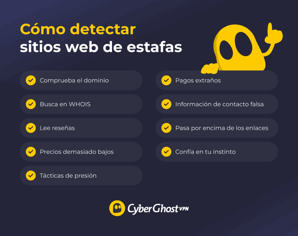 Infografía que muestra los consejos más importantes para identificar sitios web de estafas