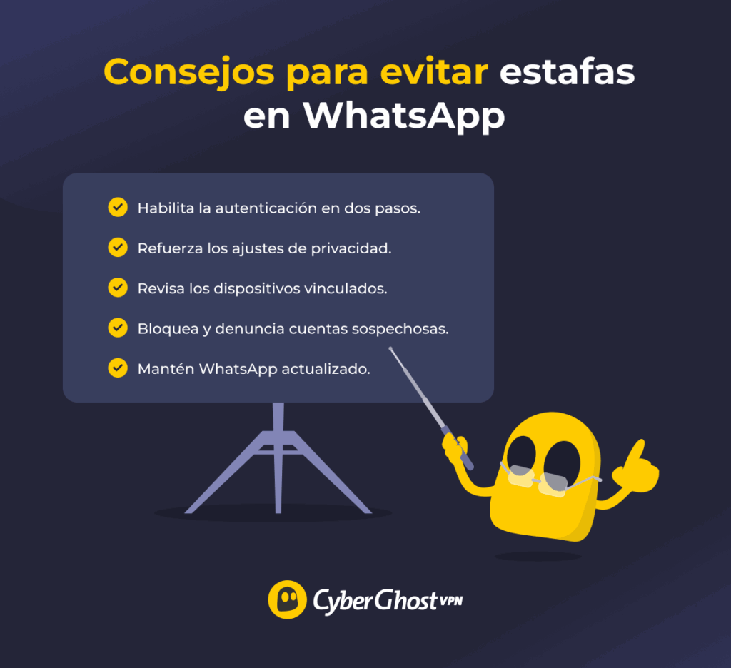 Infografía que muestra los ajustes clave en WhatsApp y las medidas de seguridad que puedes tomar para protegerte ante las estafas.