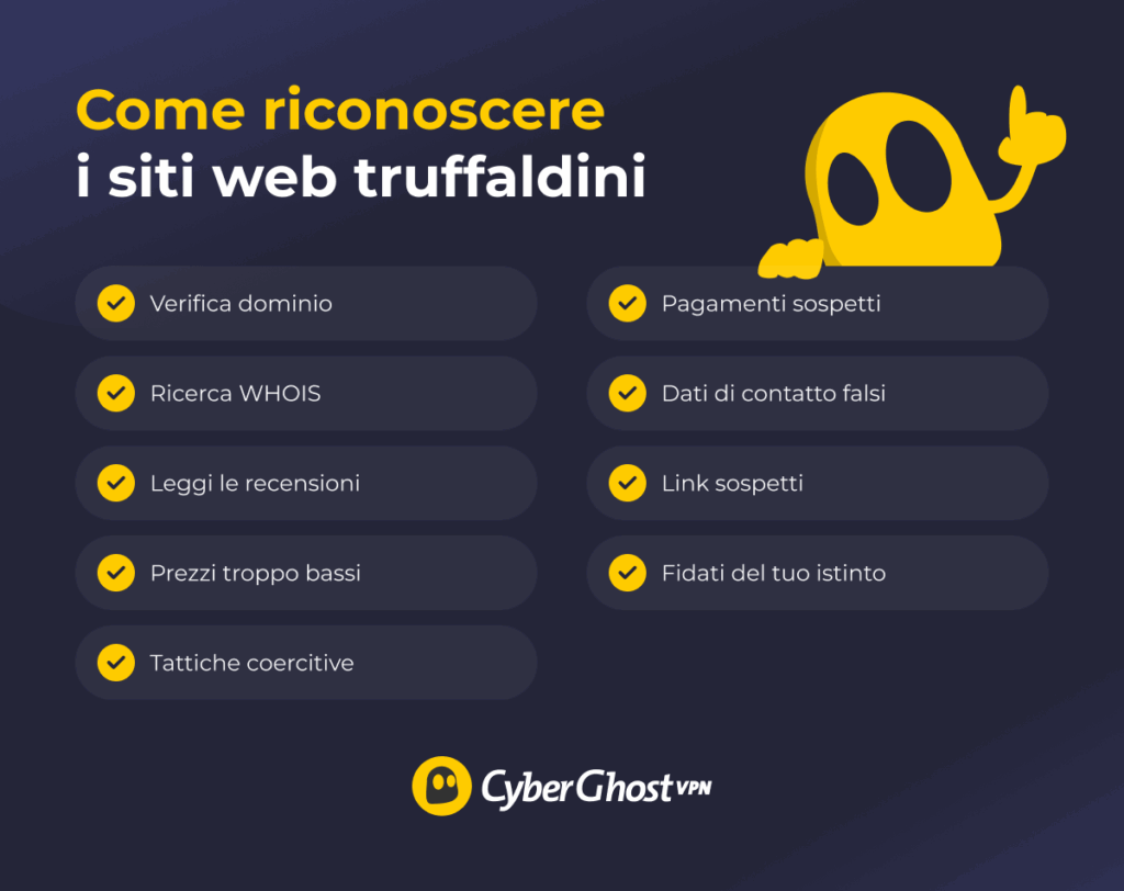 Infografica con i consigli principali per individuare i siti web truffaldini