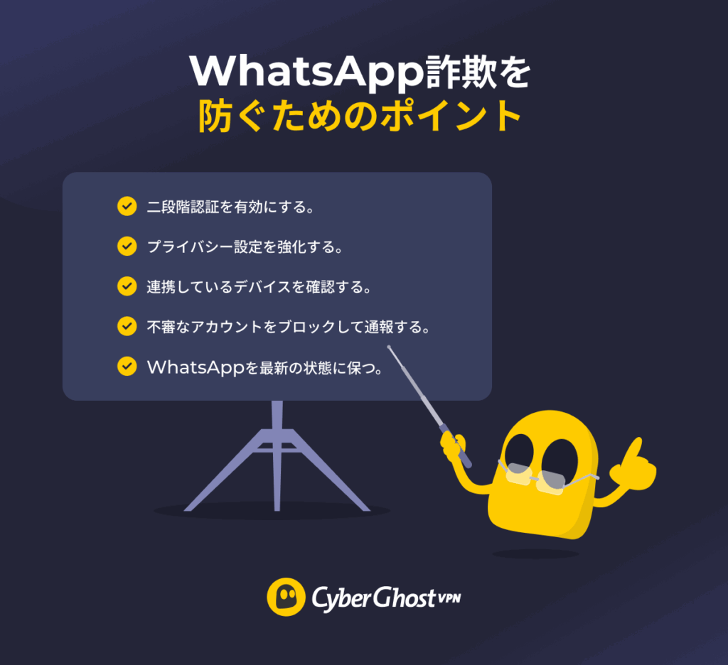 詐欺から身を守るためにユーザーができるWhatsAppの設定や安全対策を示した図。