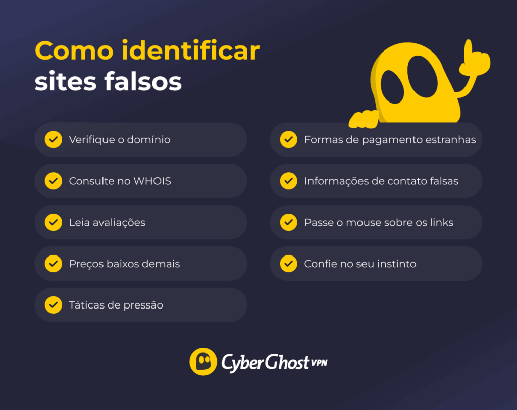 Infográfico com dicas importantes para identificar sites falsos