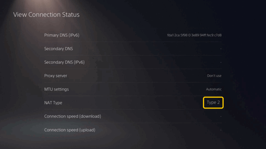 Screenshot of the PlayStation 5 View Connection Status page with NAT Type set to Type 2.