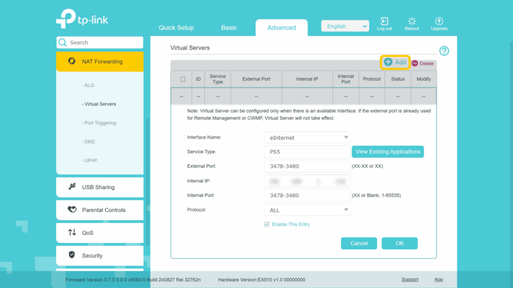 Screenshot of the "Add" form to create a new port forwarding rule on a TP-Link router.
