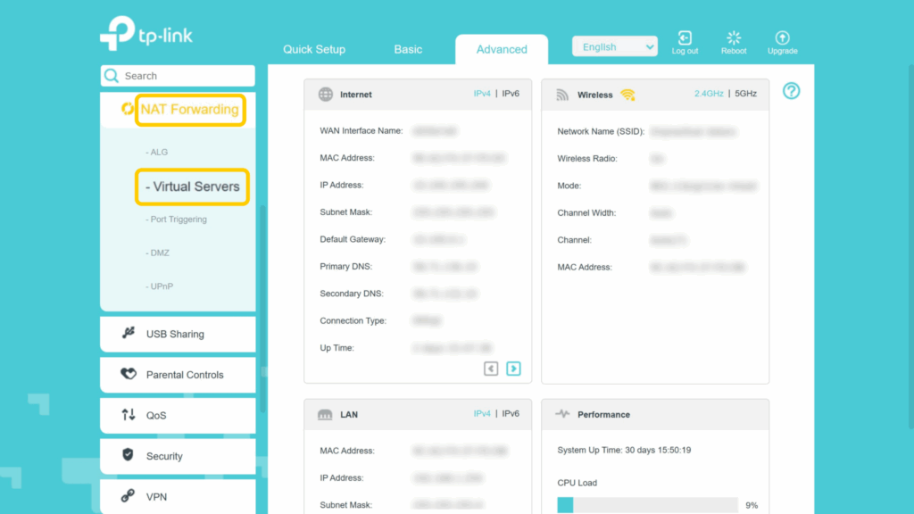 Screenshot of a TP-Link router admin dashboard with the NAT Forwarding and Virtual Servers navigation options.