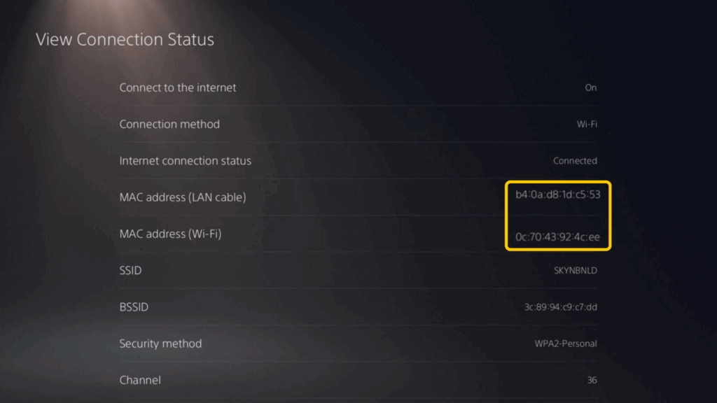 Screenshot highlighting MAC address settings on PS5