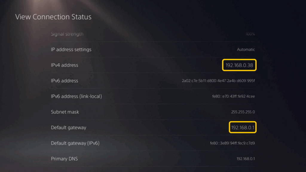 Screenshot of the PS5 View Connection Status page with the IPv4 and Default gateway (IPv6) fields.
