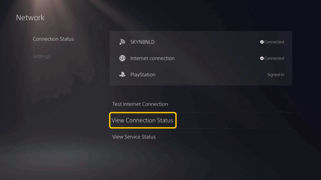 Screenshot of the PS5 Network Settings page with the View Connection Status option.