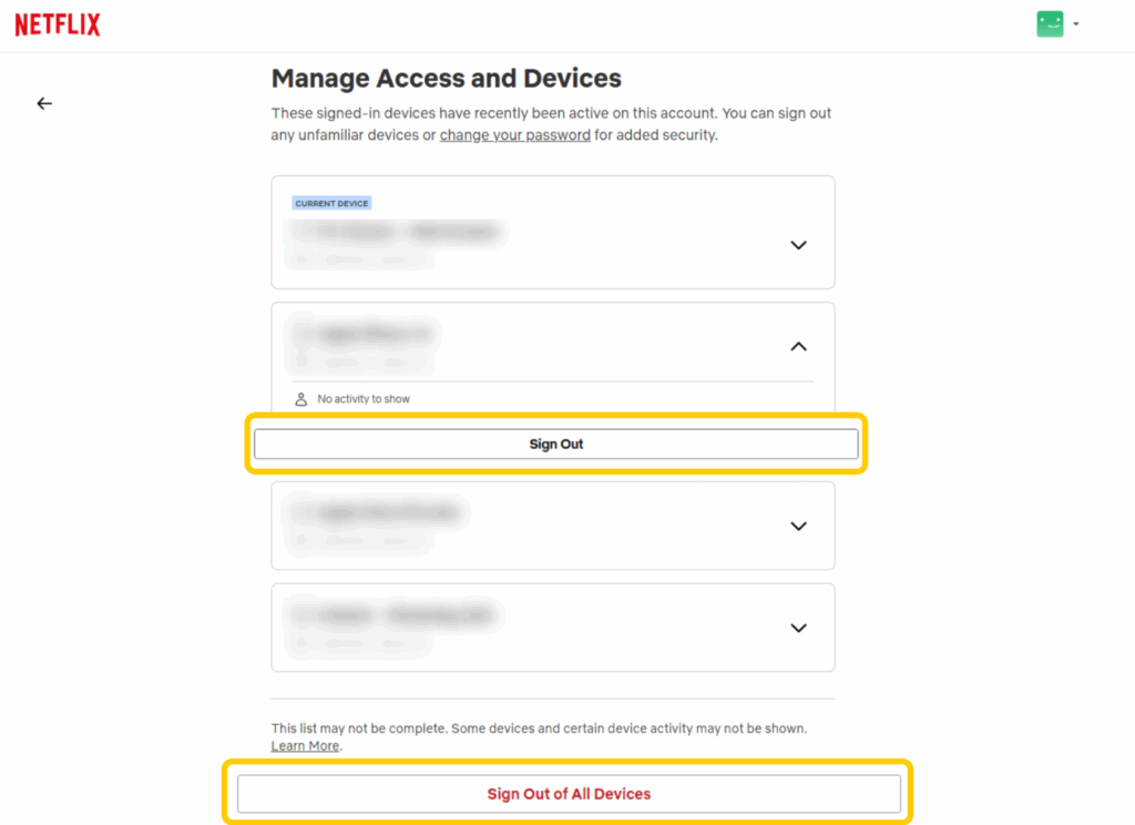 Netflix Manage Access and Devices page showing options to sign out an individual device or all devices