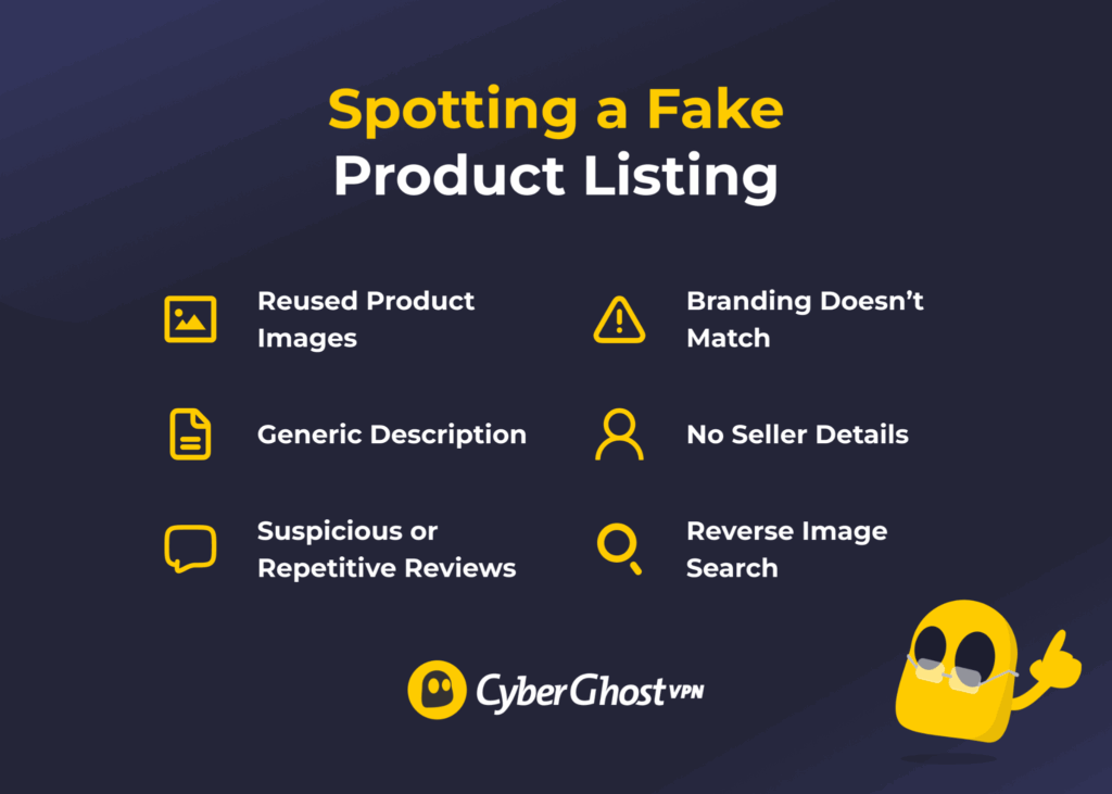 A product listing highlighting common warning signs of a fake or misleading online product listing.
