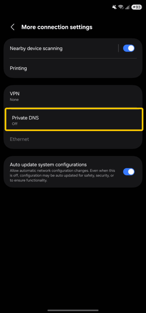 Android More connection settings screen with Private DNS highlighted.