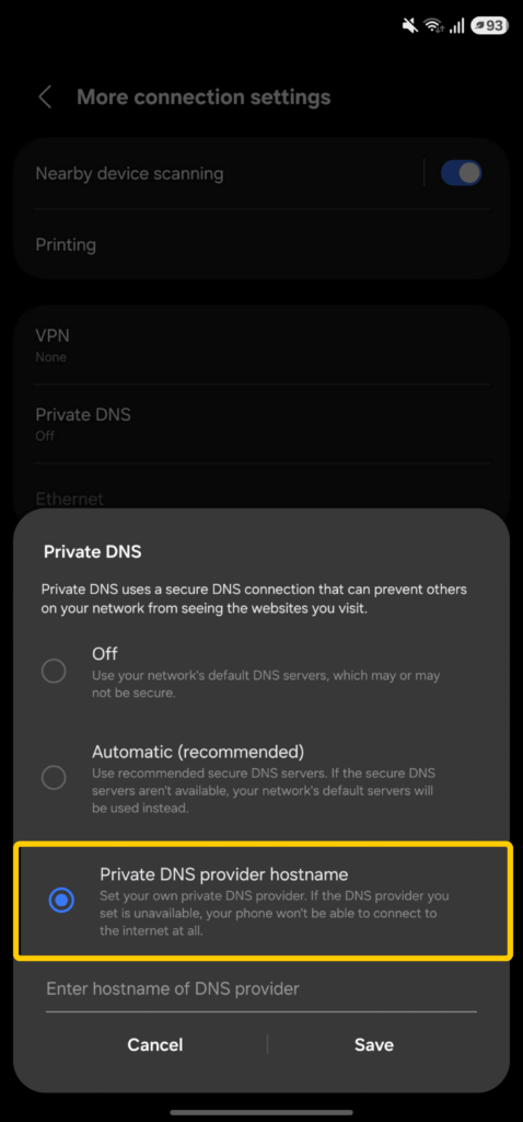 Android Private DNS settings with Private DNS provider hostname selected.