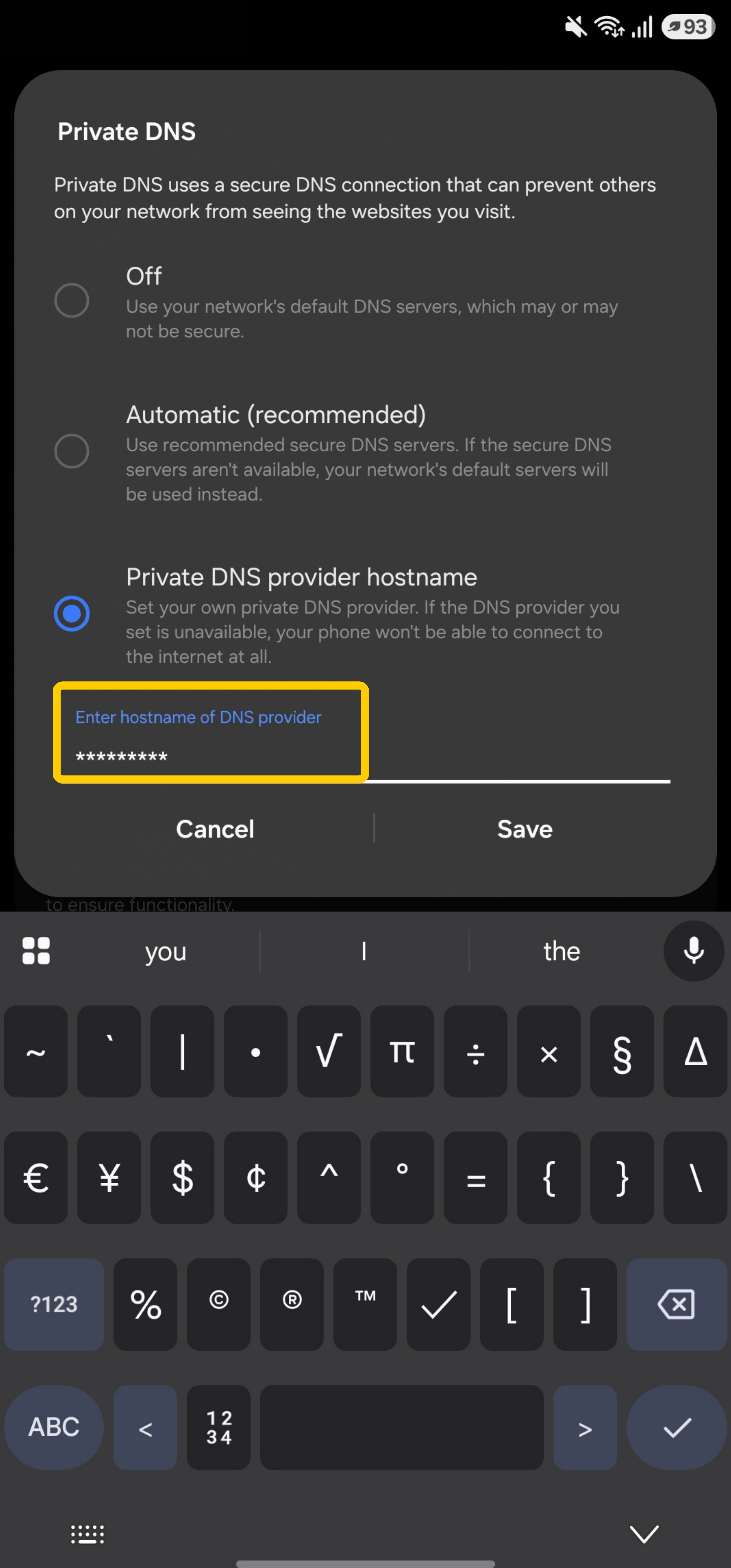 Android Private DNS setup screen with the DNS provider hostname field highlighted for entering a custom hostname.