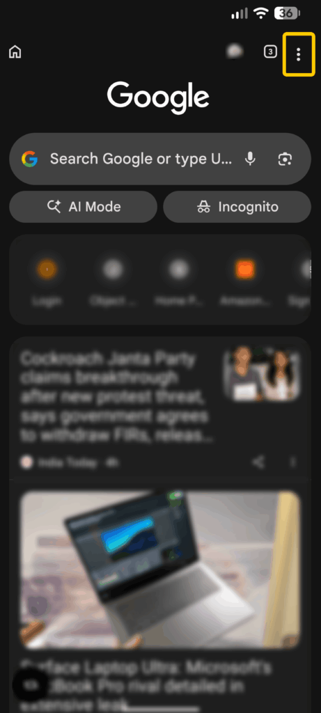 Chrome browser showing the three-dot menu button in the top-right corner.