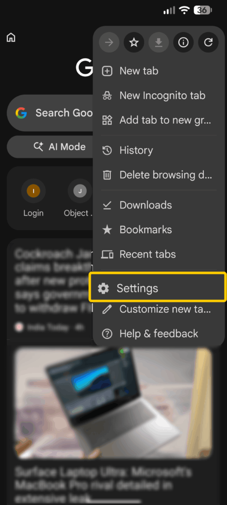 Chrome app menu opened with the Settings option highlighted.