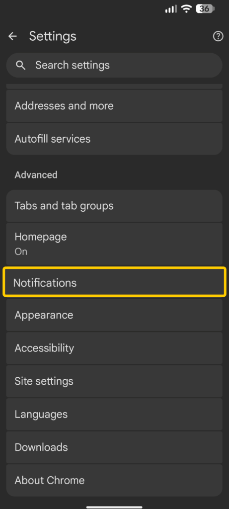 Chrome notification settings page showing the Notifications option highlighted.
