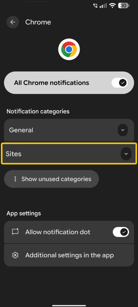 Chrome notification categories with the Sites option selected.
