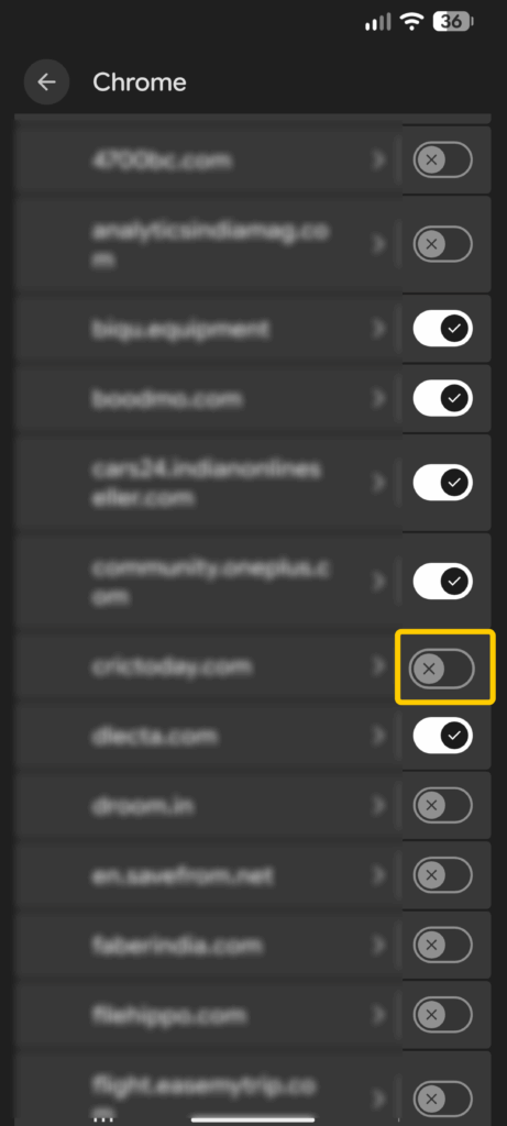 Chrome Sites notification settings showing a list of websites with individual notification toggles to enable or disable alerts.