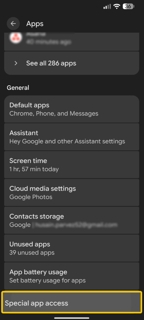 Android Settings Apps menu showing the Special app access option highlighted.