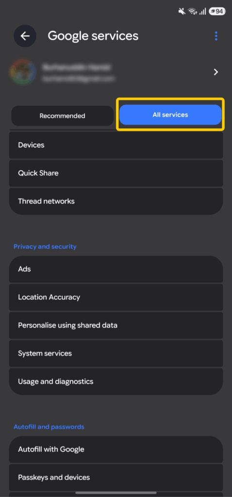 Google Services settings with the All services tab highlighted.