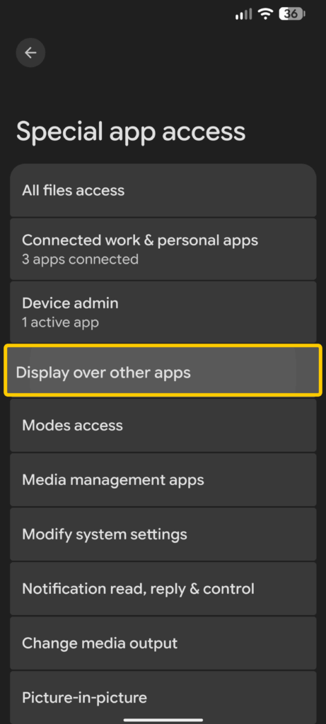 Android Special app access menu showing the Display over other apps option highlighted.