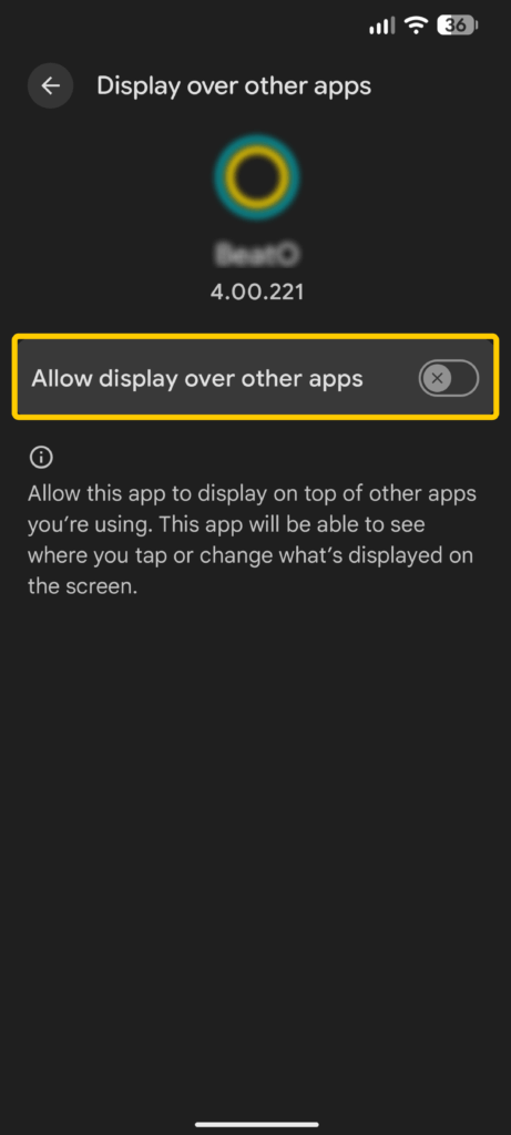 Android Display over other apps settings page showing an app’s permission toggle turned off.
