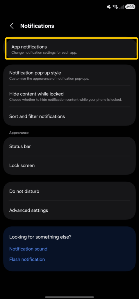 Android Notifications settings with App notifications highlighted.