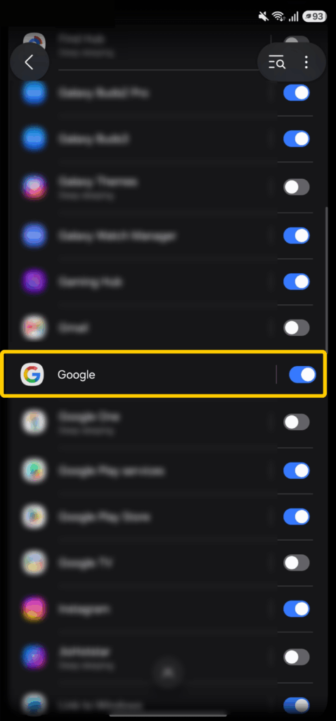 Android App notifications list with the Google app highlighted.