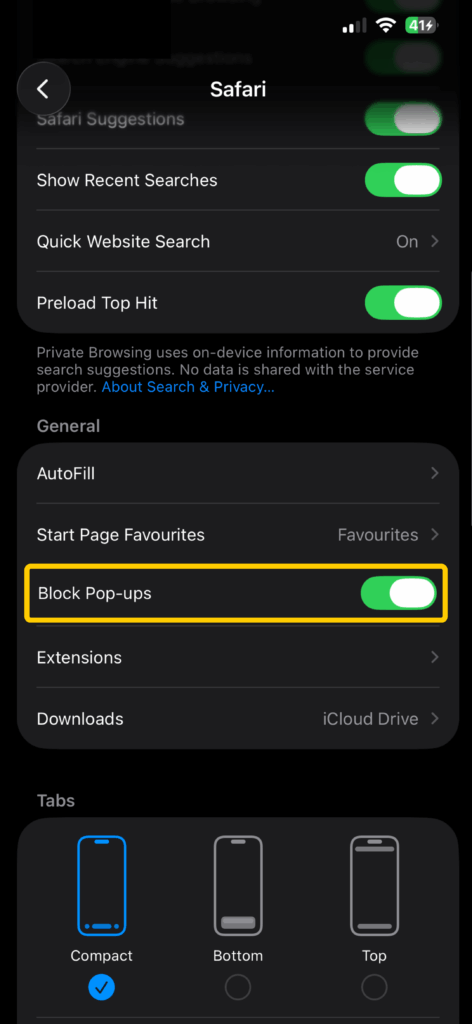 Safari settings with the Block Pop-ups option enabled.