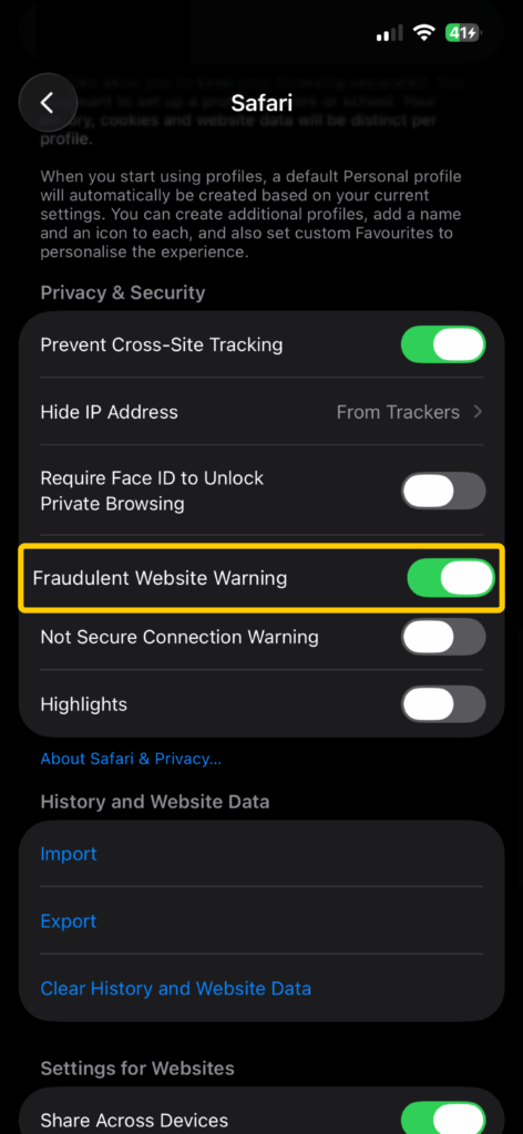 Safari Privacy & Security settings with Fraudulent Website Warning enabled.