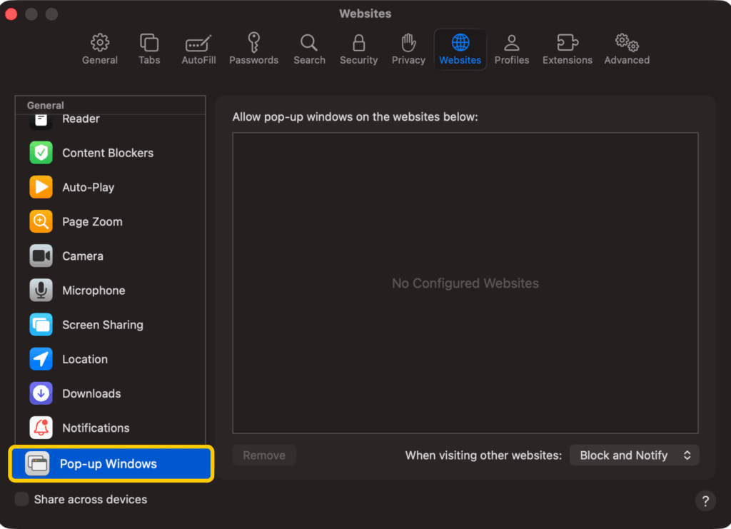 Safari Websites settings on Mac with Pop-up Windows selected and the default setting set to Block and Notify for other websites.