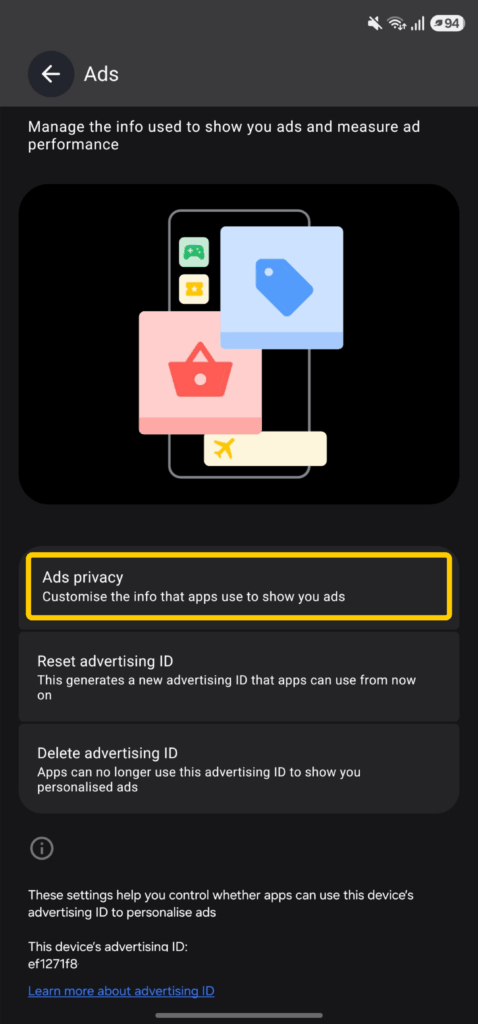 Google Ads settings with Ads privacy highlighted under Privacy & security.