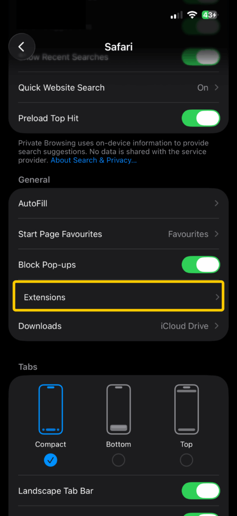 Safari settings on iPhone with the Extensions option highlighted.