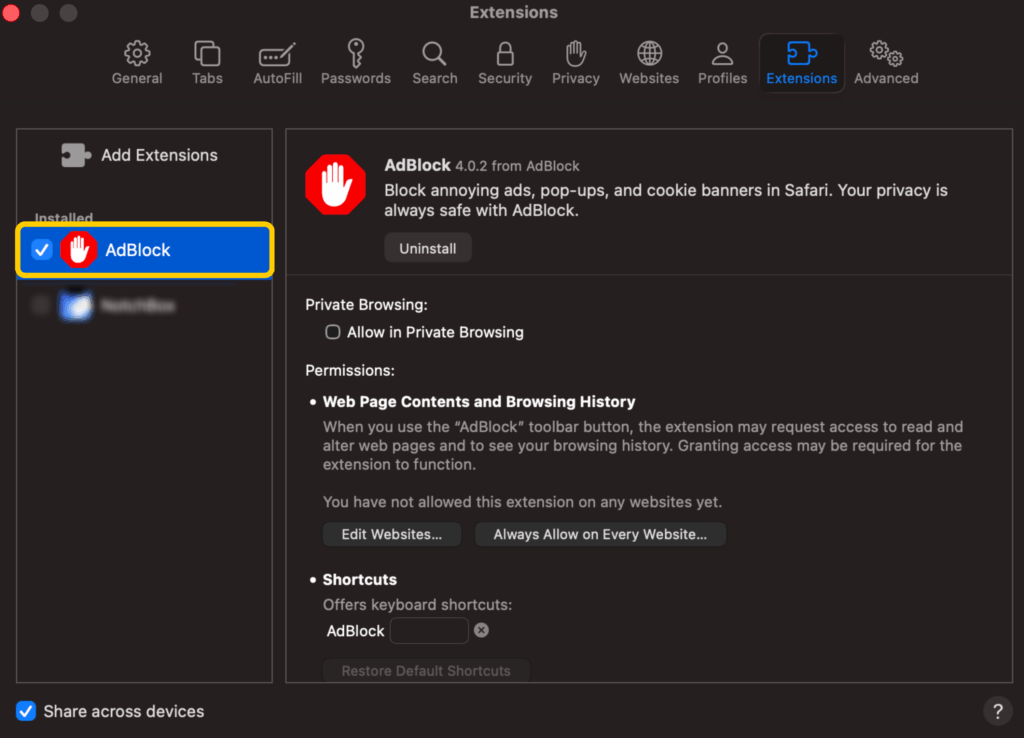 Safari Extensions settings on Mac with the AdBlock extension selected and enabled.