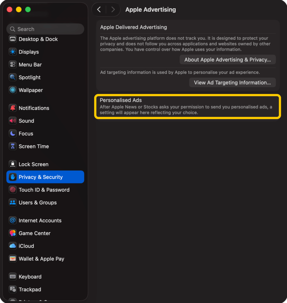 Mac Apple Advertising settings under Privacy & Security with the Personalised Ads option highlighted.