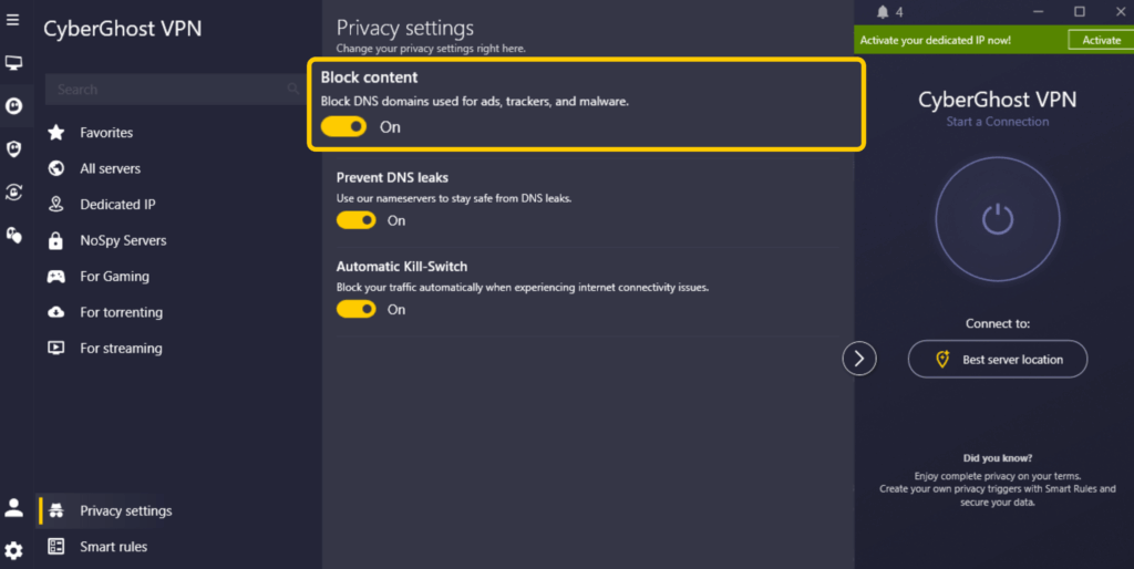 CyberGhost VPN Block content setting enabled in the app.