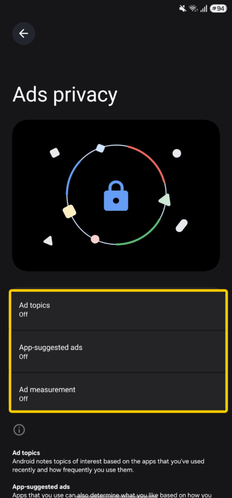 Ads privacy settings showing the Ad topics, App-suggested ads, and Ad measurement options to control personalized advertising.