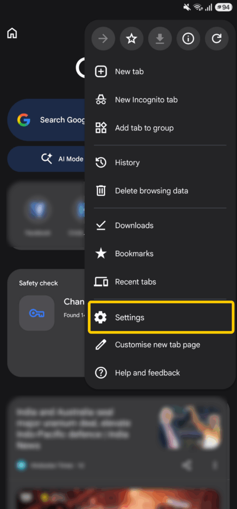 Chrome menu with Settings highlighted.