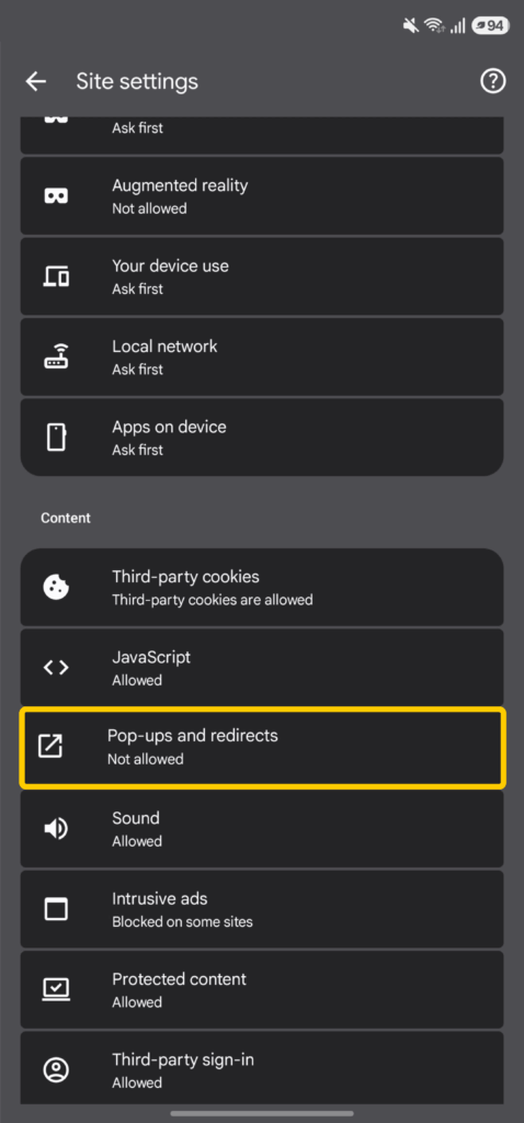Chrome Site settings with Pop-ups and redirects highlighted.