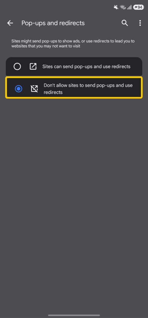 Chrome Pop-ups and redirects settings with Don't allow sites to send pop-ups and use redirects selected.