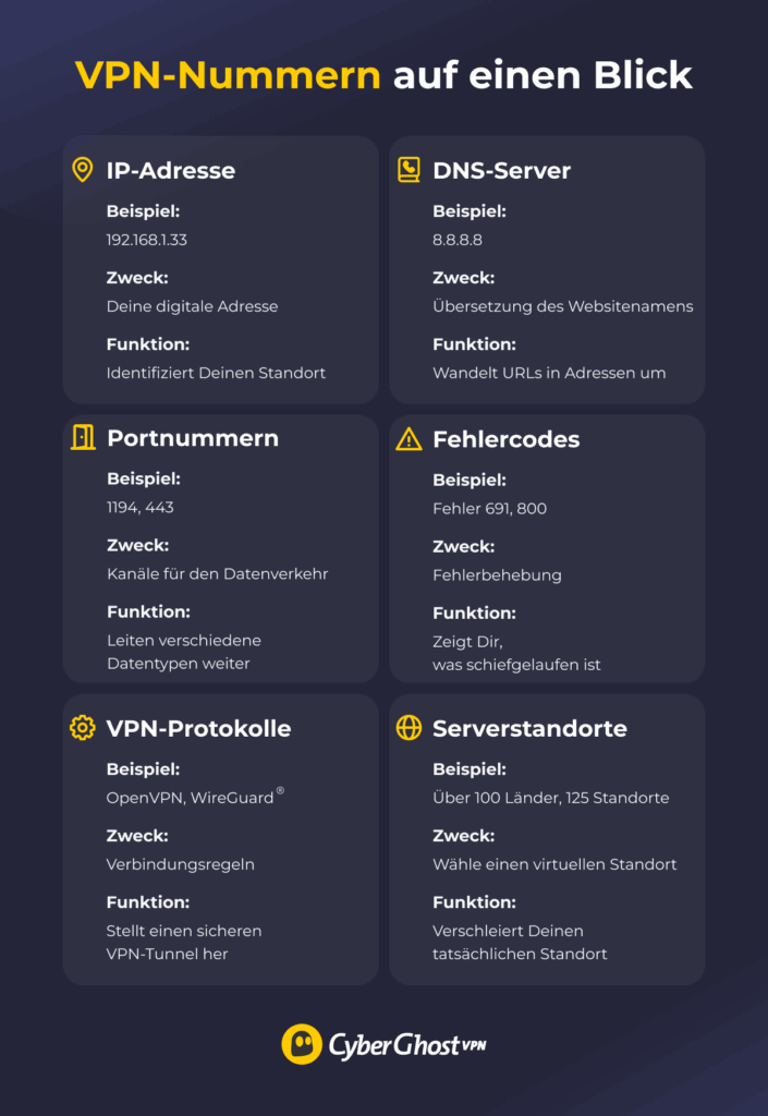 Übersicht über sechs verschiedene Arten von VPN-Nummern: IP-Adressen, Portnummern, Protokolle, Serverstandorte, DNS-Server und Fehlercodes.